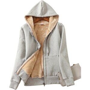 Women's Light Grey Casual Full Zip Sherpa Lined Hoodie Sweatshirt Jacket Coat